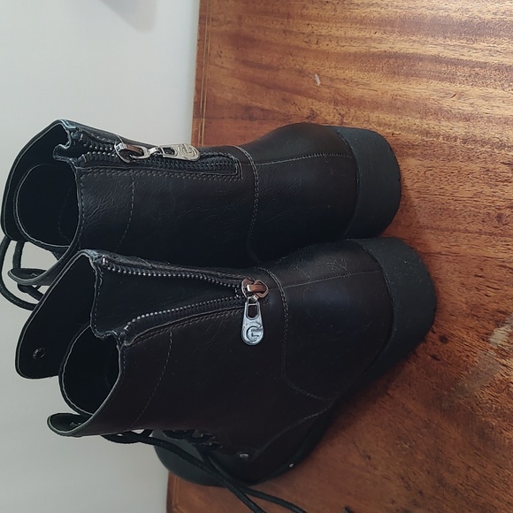 G by Guess Lace Up Boots Sparkle Tongue Motoboho Combat Heel Zip Black - Picture 4 of 11